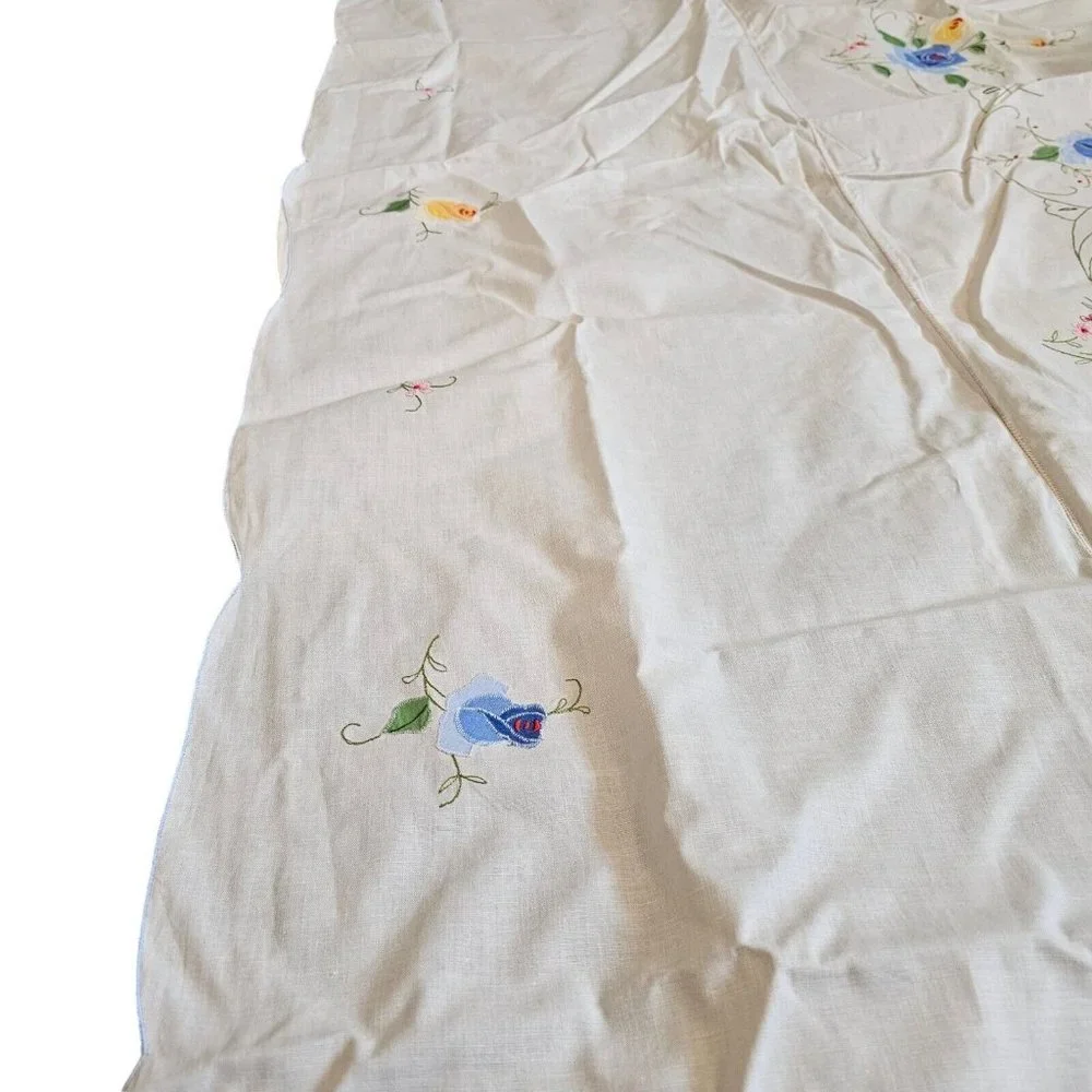 Rectangle Tablecloth Floral Blue Yellow Embroidered 12 Napkins White‎ 63 X 100